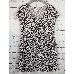 PACT Revive Pop Over Leopard Print Organic Cotton Babydoll Mini Dress Medium